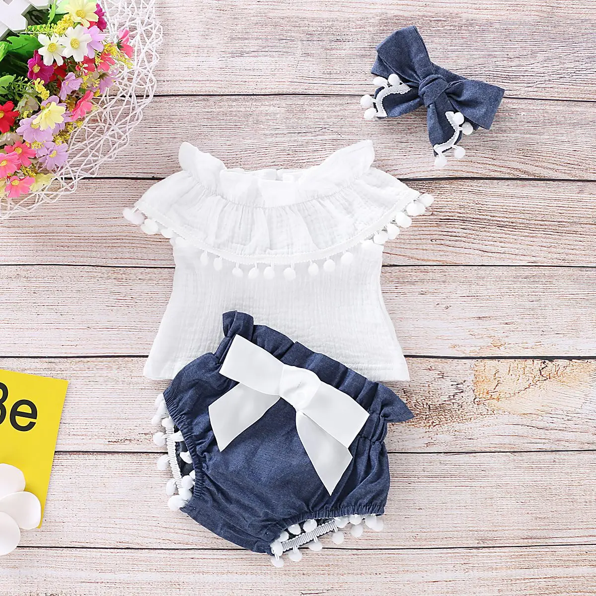 

Linen Baby Clothes Toddler Kids Clothing Pom Pom Top Shirt And Shorts With Headband M90603