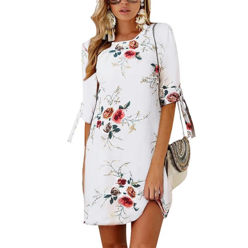 

Women Summer Dress Floral Print Boho Beach Chiffon Dress Loose Casual O-neck Mini Party Dress Sundress Plus Size Vestidos