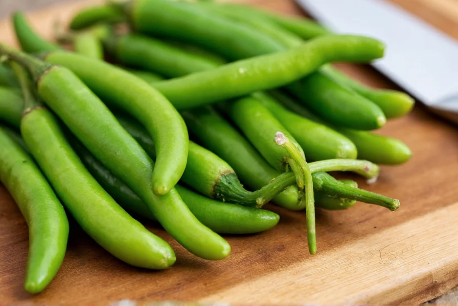 Close-up photograph of fresh green serrano peppers on a wooden cutting board with kitchen knife showing their slender shape and smooth skin