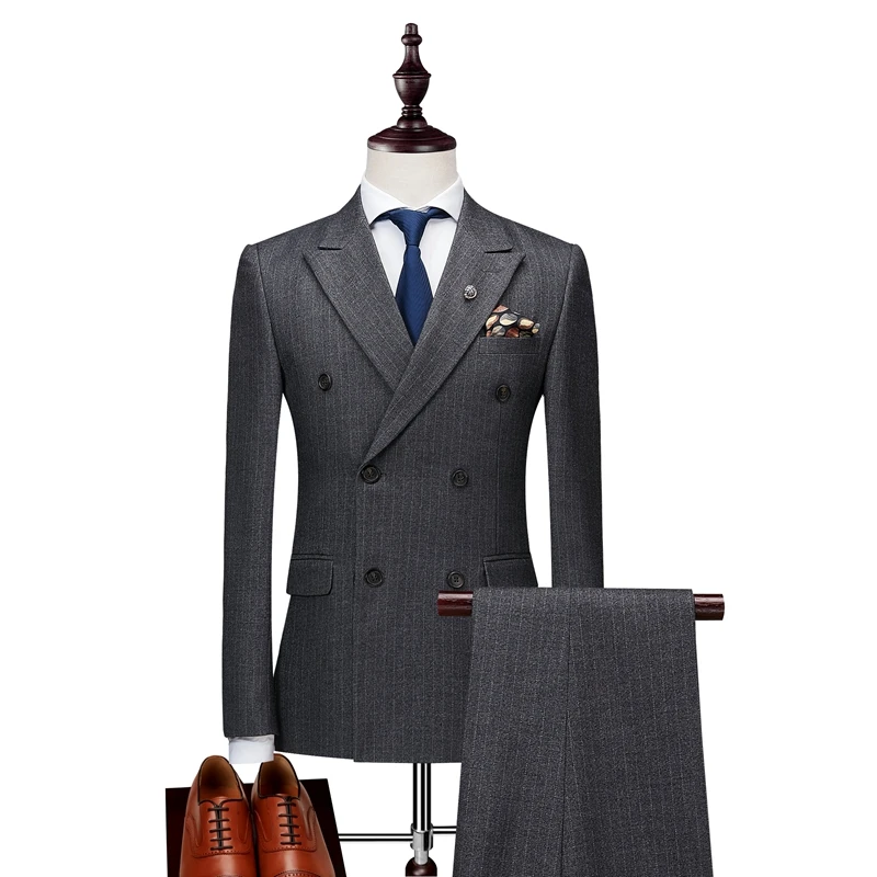 

Men's British suit vertical stripe double breasted slim fit men's suit three piece suit