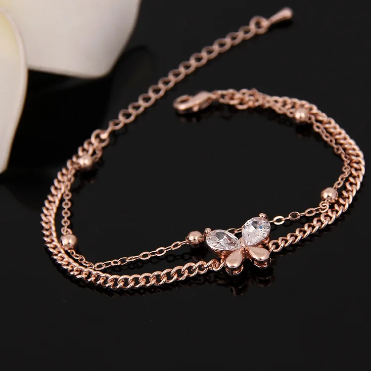 

Latest Rose Gold Silver Available Double Layer Chain Butterfly Bracelet Clear Shining Crystal Butterfly Bracelet For Women Girls