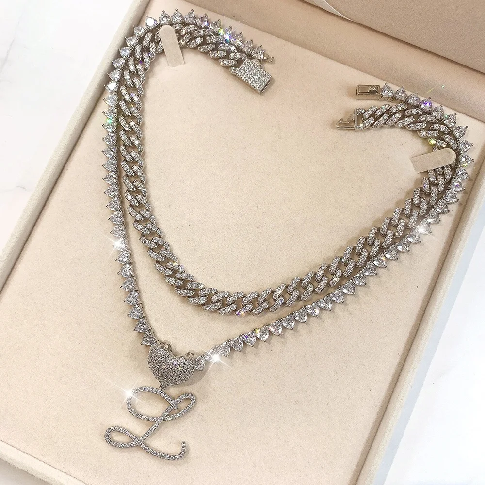 

Tennis Cuban Link Chain Rhinestone Diamond Letter A-Z Silver Jewelry Gold Plated Charms Heart Cursive Initial Necklaces