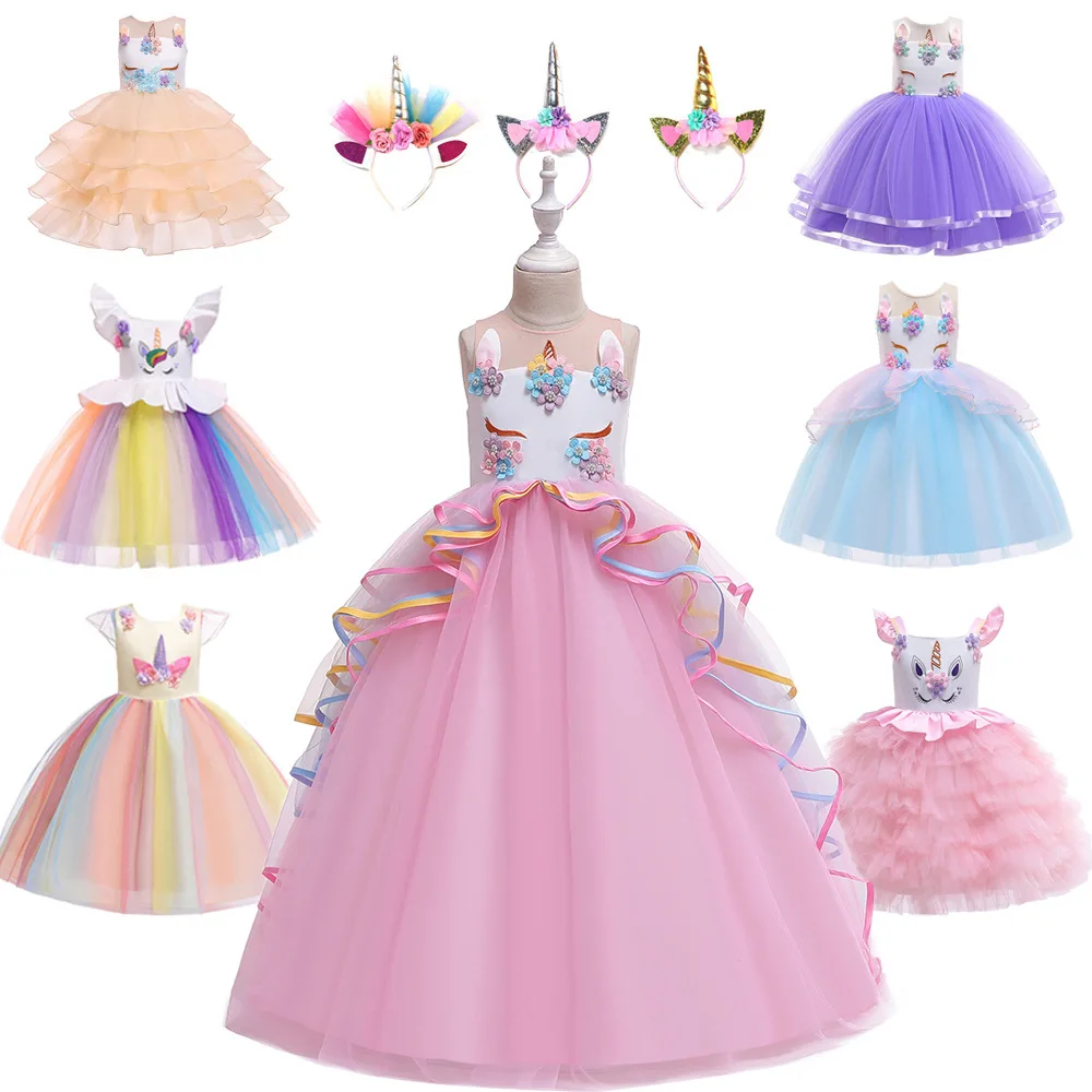 Wholesale Summer Lace Flowers Girls Unicorn Ruffles Girl Clothing Costume Birthday Party Dress  DJS009