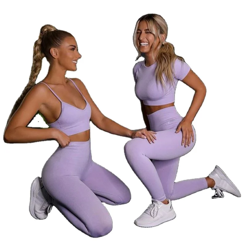 

Seamless Custom Logo Yoga Set Short Sleeve Crop Top High Waist Leggings Gym Fitness Set