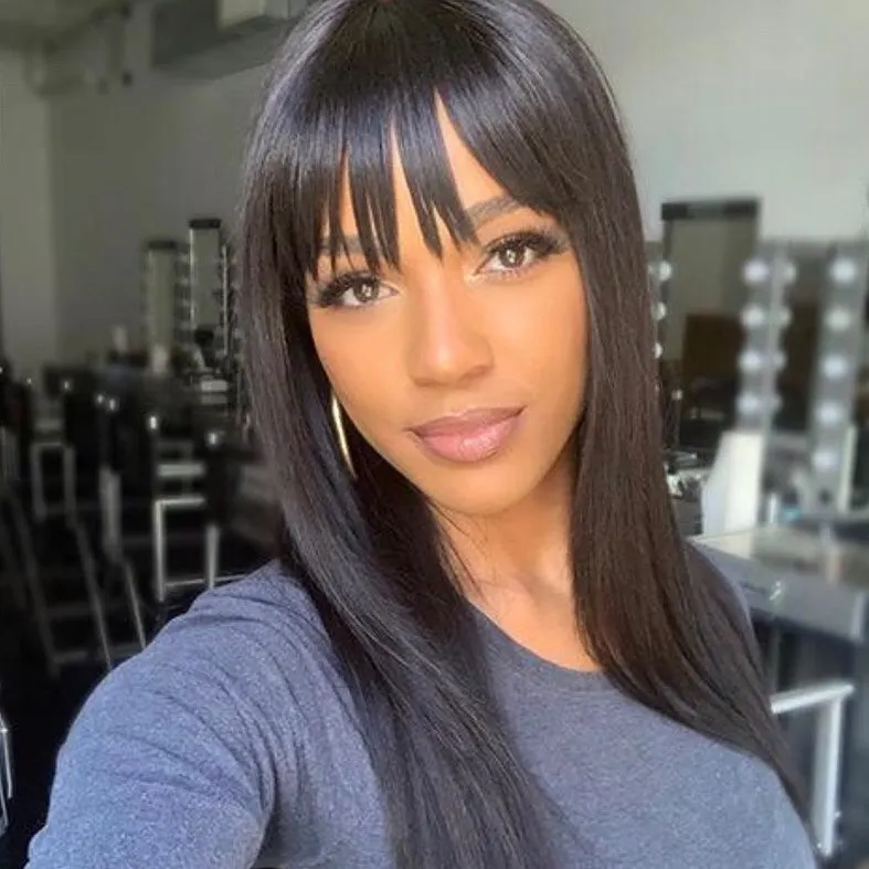 

Wholesale Long Straight Hair Wig With Bang 13*6 100% Human Hair Pre-Plucked Hairline