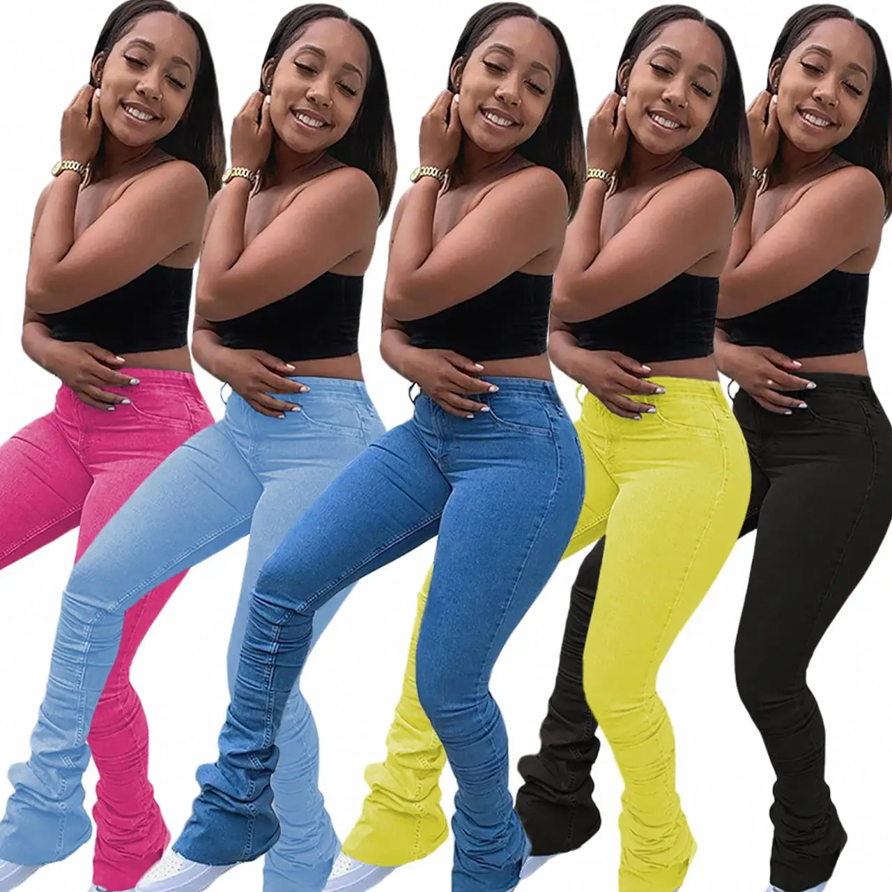

New Stylish Hot Sale Multi Color Washed All Match Denim Pleated Plus Size Slim Casual Cotton Trousers, As picture