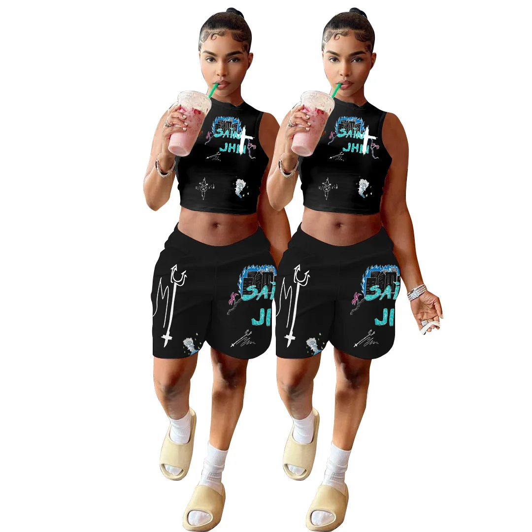 

Summer Womens 2 Piece Shorts Set 2021 Women Clothing Fashion Printed Vest Women Two Piece Short Set