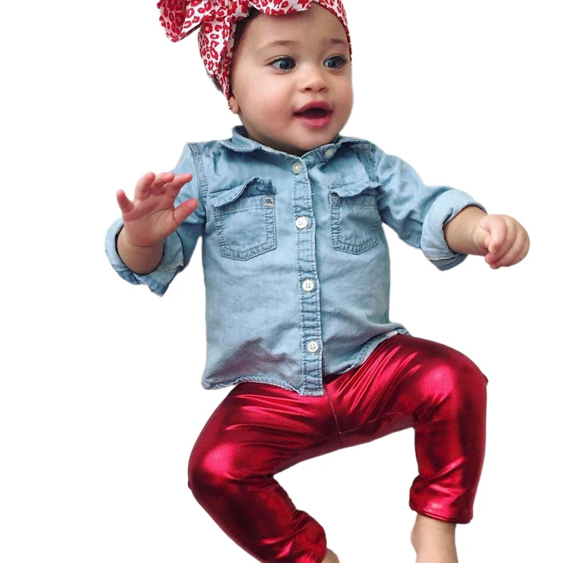 

Girl Summer Clothing Set Baby Girls Denim Shirt Top +Flashing leggings long-sleeved two-piece performance costume Sets