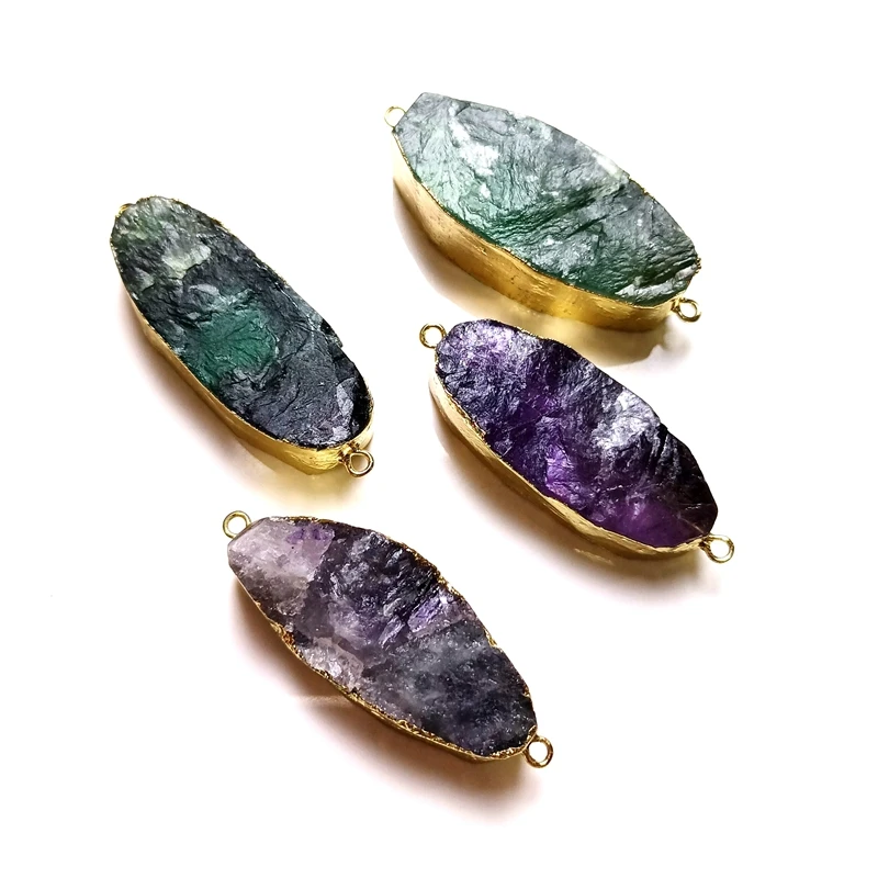 

Hot sales fluorite crystal Pendant natural big oval raw amethyst quartz connector bracelets statement wind lady jewelry pendants, Multi natural pendant