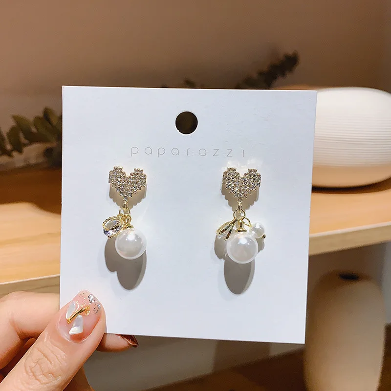 

new statement crystal drop mother of pearl heart earrings