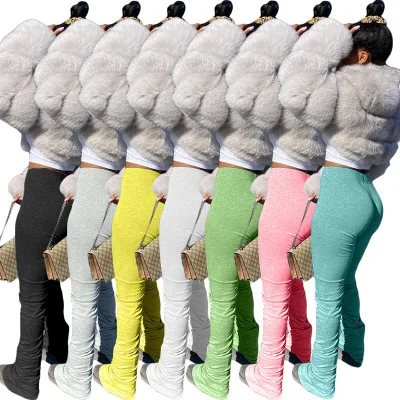 

Solid color sweatshirt fabric pleated split micro flared track pants, Blue , rose , yellow , green , black , snake