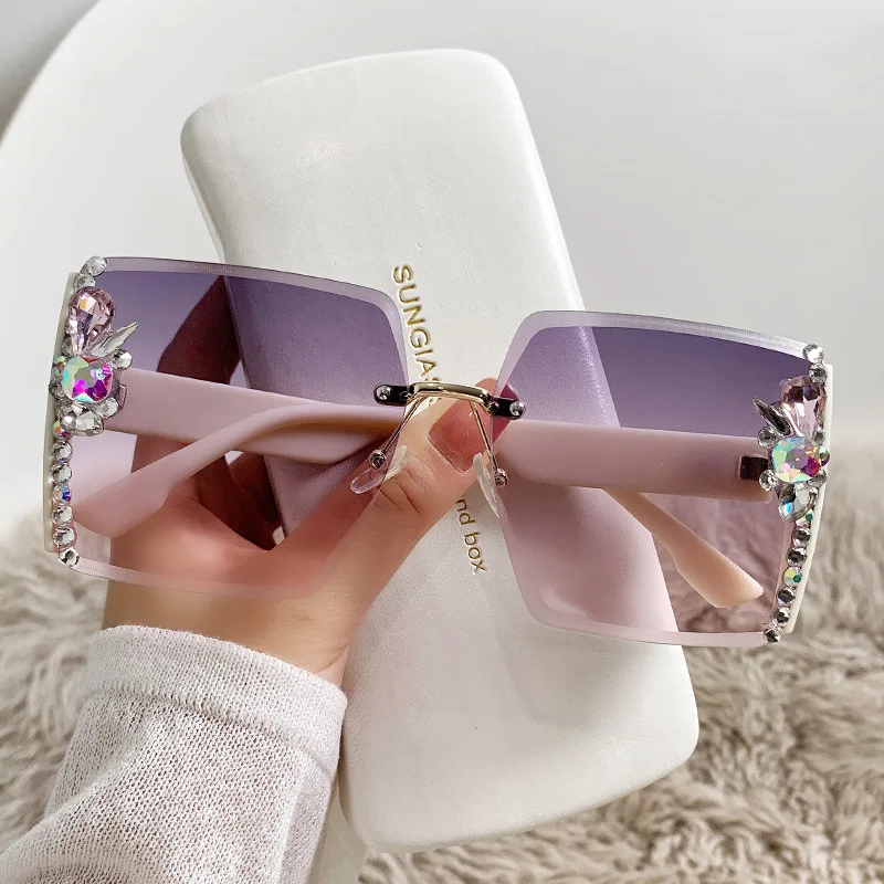 

Lunette De Soleil Luxury Square Rimless Rhinestone Sun Glasses Female Shades Cutting Lens Gradient Sunglasses