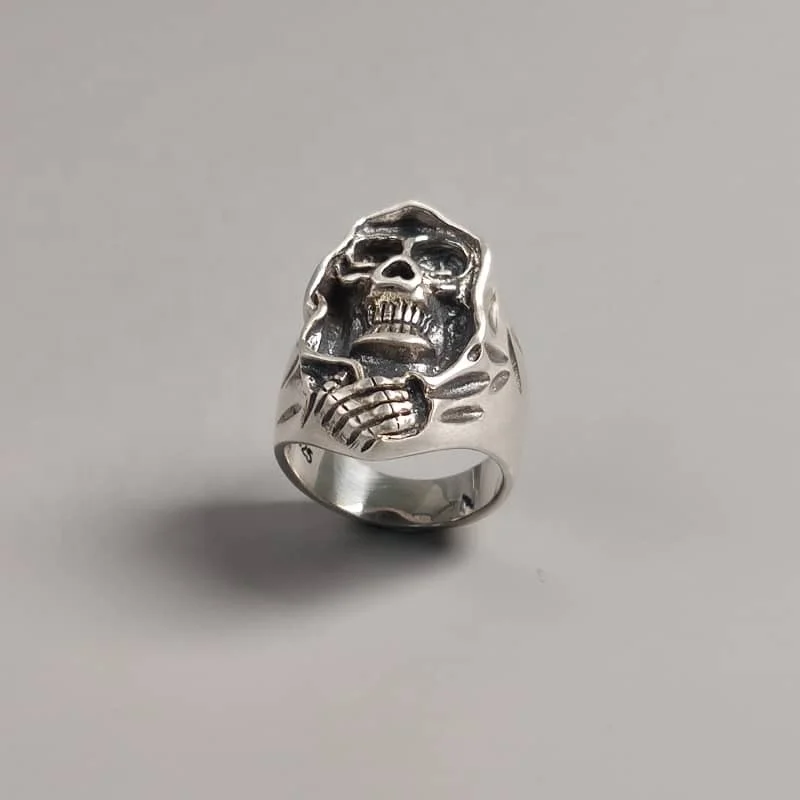 

fashion mens rings 925 silver silver ring men hiphop cloak skeleton death fashion boy party skull rings, White gold (rose gold, yellow are avaliable)