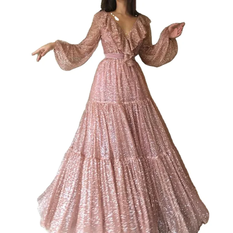 

Fashion Ball Gown deep V-neck sequins long sleeve Plus Size Dress For women, Customized colors