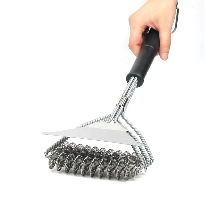 

Hot sale 18 inch three-head spring bbq brush anti-pinch basting stainless steel grill cleaning brush, Black