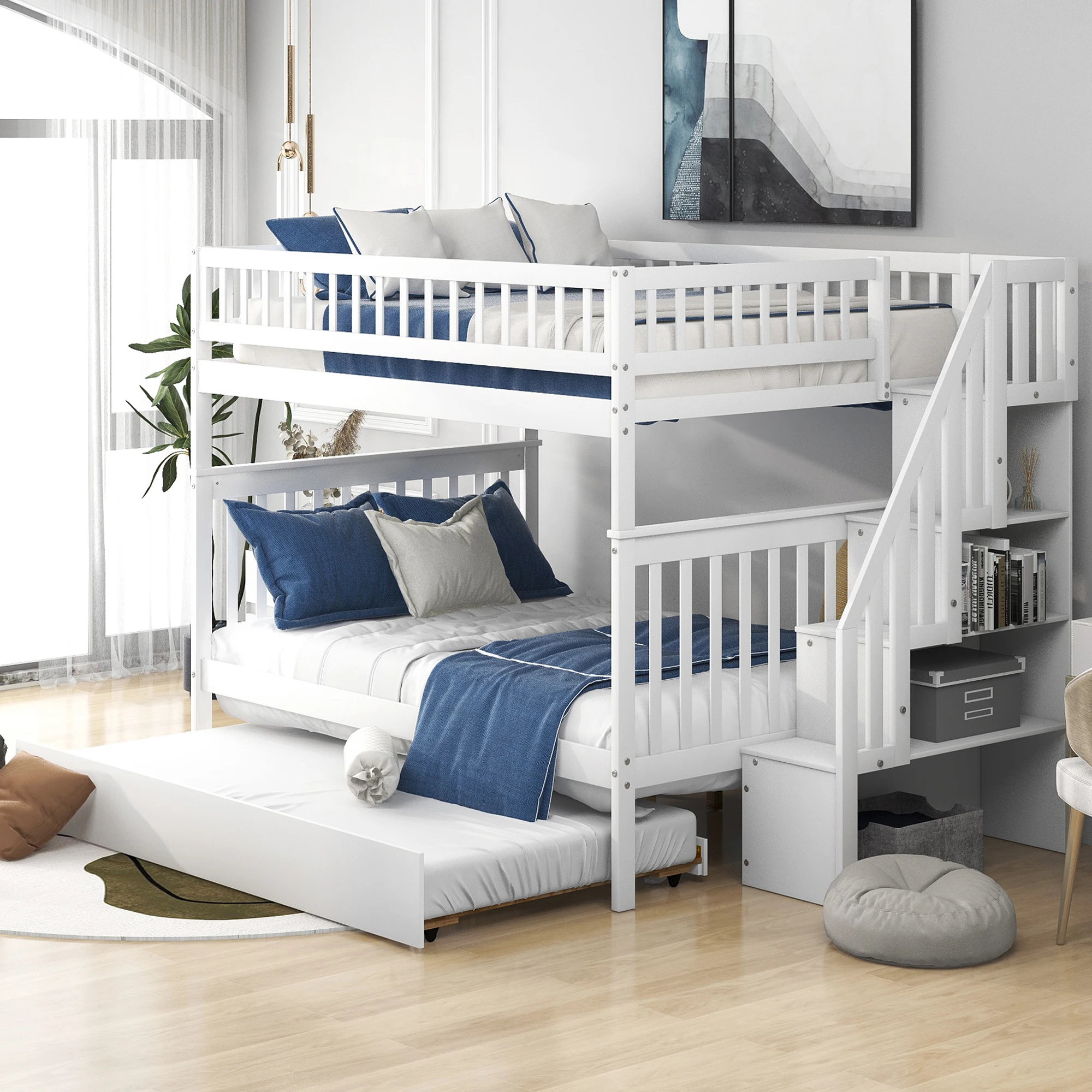 

Free Shipping Ready to Shipping USA Solid Wooden Child Kids Twins Bunk Bed with trundle, Wooden and custom painting