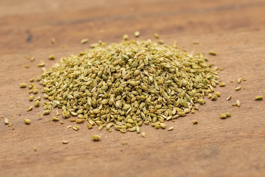 Close-up photography of fennel seeds showing their oval shape and greenish-brown color against a wooden background