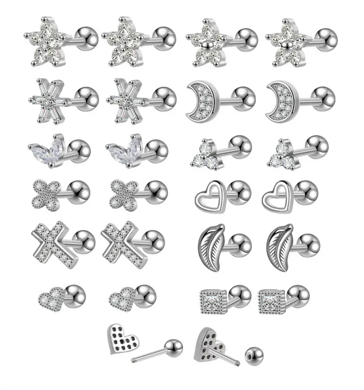 

Hot 1pair 316l Surgical Steel Clear Zircon Flower Cartilage Stud Earrings For Men Women Cz Barbell Tragus Helix Ear Piercings, Silver