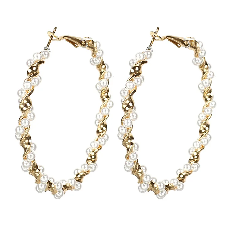 

Jachon Special Twisted Design Alloy Plated Hoop Earrings Sweet Full Pearl Circle Earrings For Women Girls, Gold
