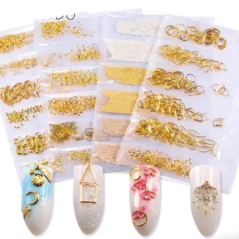 

Mixed 3D DIY Hollow Metal Frame Nail Art Decorations Gold Rivet Stickers for Manicure Accessories Summer Shell Slider Nail Studs, Gold color metal decorations