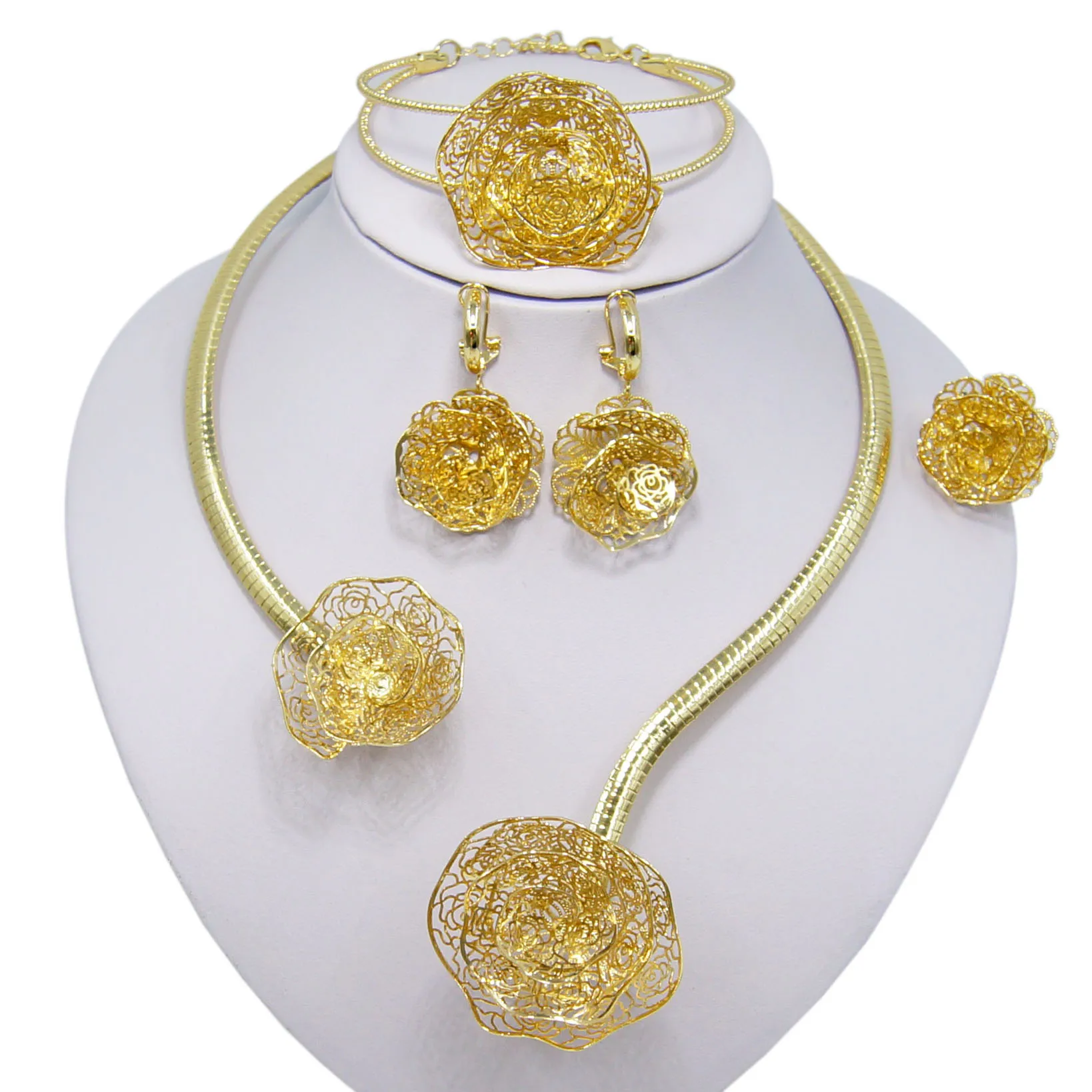 

Wholesale Big Flowers Women Luxury Necklace Sets 18k Gold Plated Brazilian Jewelry Sets For Commemoration Day Or Birthday Gift