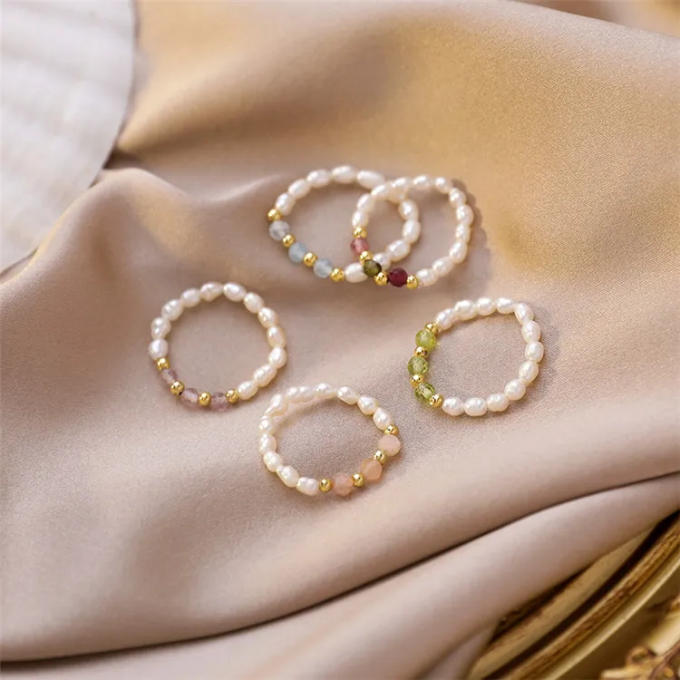 

Korean Elegant Elastic Crystal Beads Pearl Strand Index Finger Ring Freshwater Pearl Finger Rings for women 2021, 5 colors