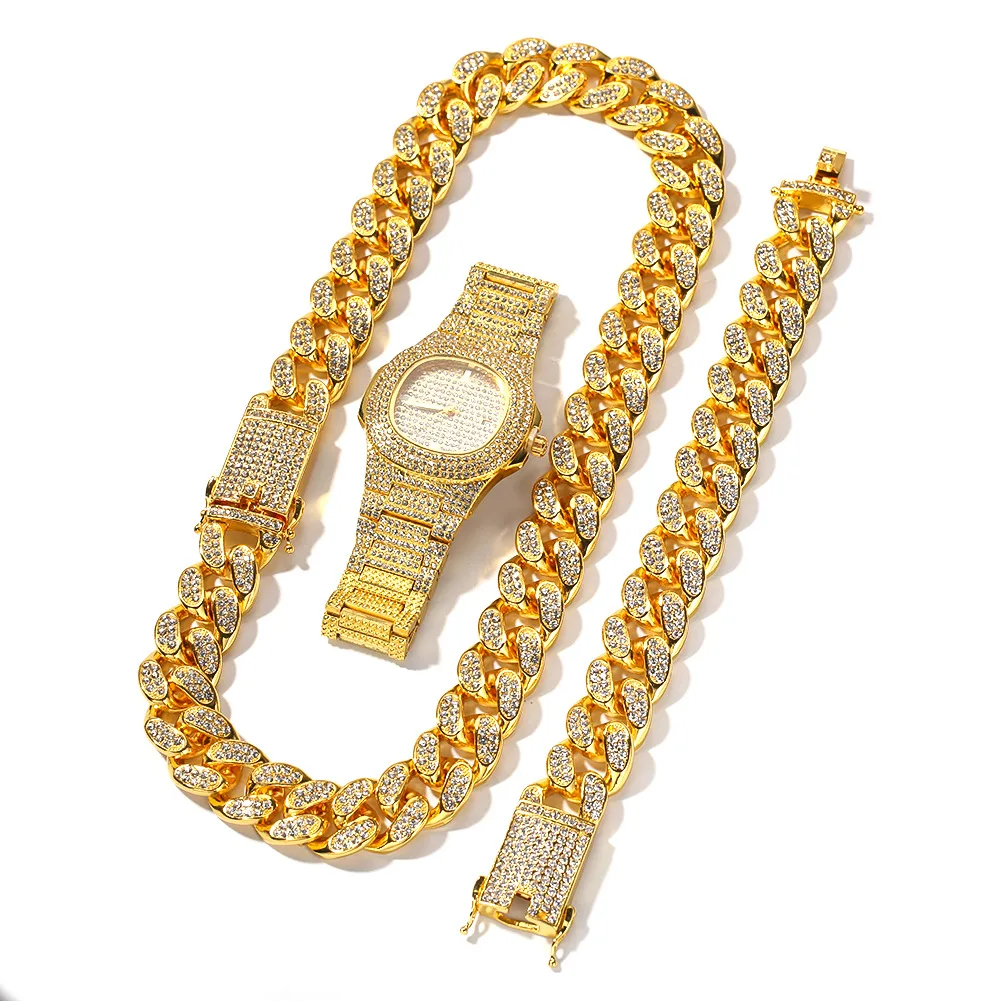 

Hot Sell 20mm Wide Iced Out Hip Hop 18K Gold Plated Rhinestone Watch Cuban Chain Necklace Bracelet Men's Hip Hop Jewelry Sets