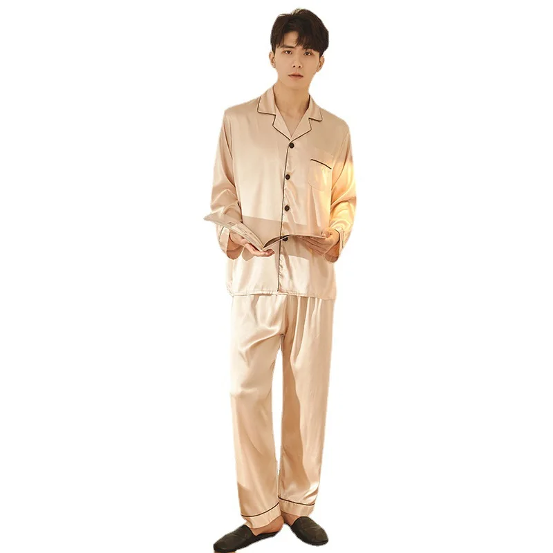 

Men silk thin long sleeve pure color silk lapel home suit set Satin pajamas