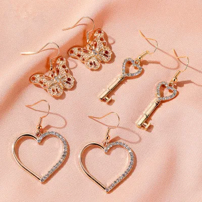 

Animal Series Earrings Cute Butterfly Shaped Key Heart Pendant Drop Hook Earrings