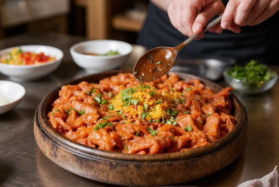 Chef preparing Korean bibimbap with gochujang sauce drizzled on top