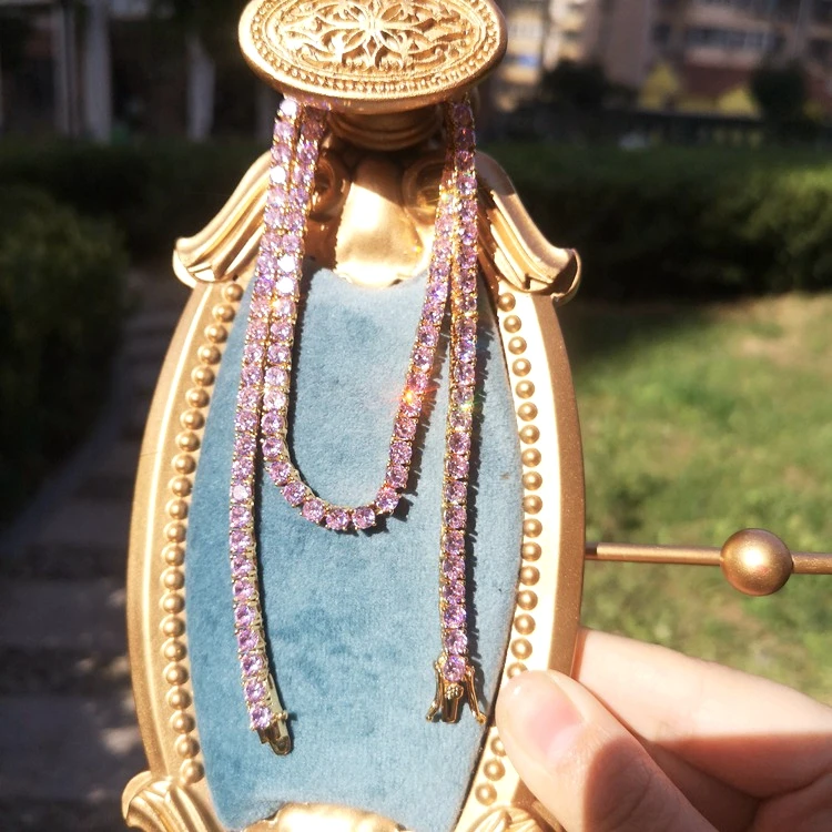

NEW hop hip 3mm Pink Diamond Tennis Chain pink Stones Necklace