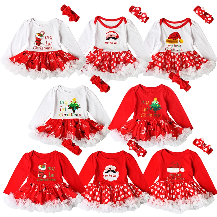 

Christmas Romper Tutu Dress Baby Girls Christmas Printing Red Dress 2ps Sets Crocheted Bow Headband Xmas Pattern Romper Infants, Picture shows