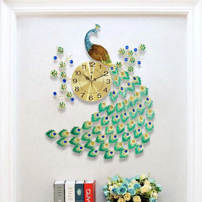 

Wholesale European Style Fashion Mute Peacock Decorate Metal Wall Clock