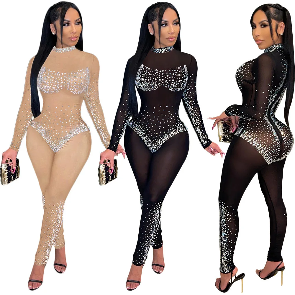 

DL534 Long Sleeve Bling Clothes 2022 See Through Mesh Rhinestone elegant woman sexy jumpsuit romper