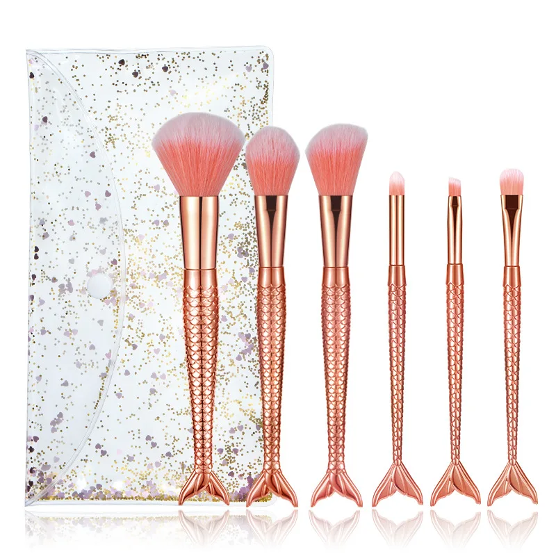 

Hot Selling Professional New Arrival New Mermaid 6PCS Makeup Brushes Foundation Eyeshadow Contour Mermaid Make up Brushes, Multicolor, light blue, rose gold