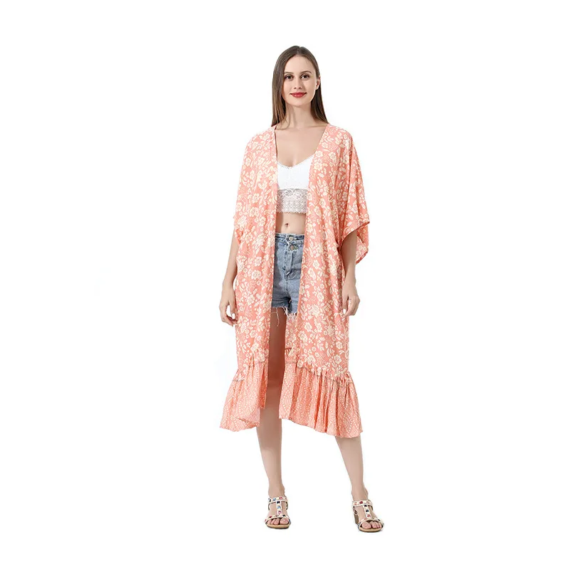 

MIO Europe and America Casual Fashion Swimsuit Beach Cover Up Summer Floral Print Long Kimono Cardigan Cover Up For Women