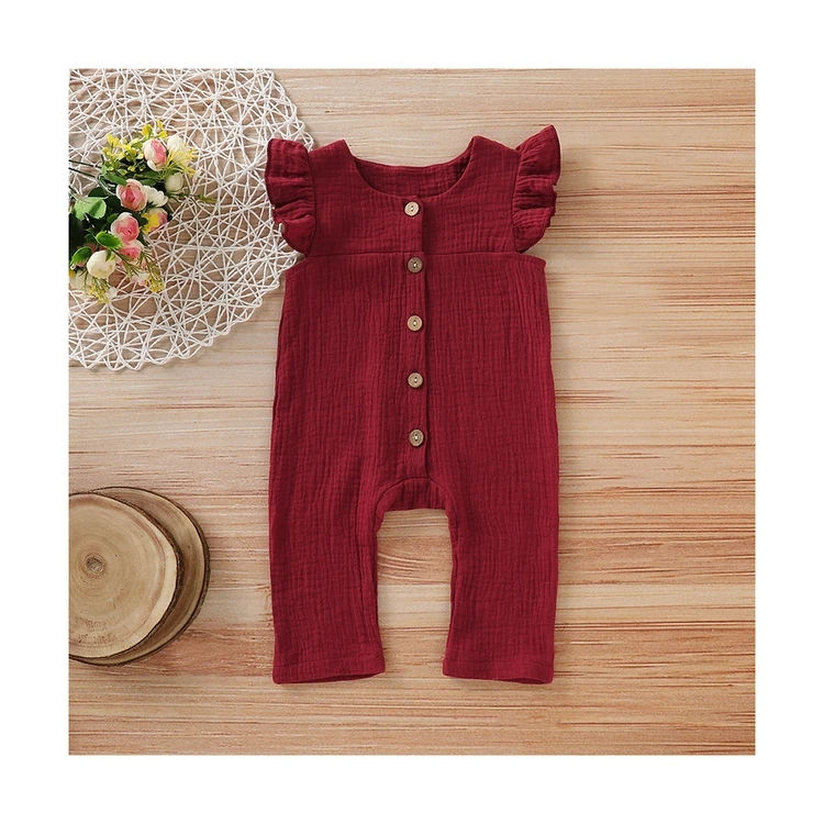 

Wholesale Plain Red Color Butterfly Sleeve Button Rompers For Baby Girls, Red wine