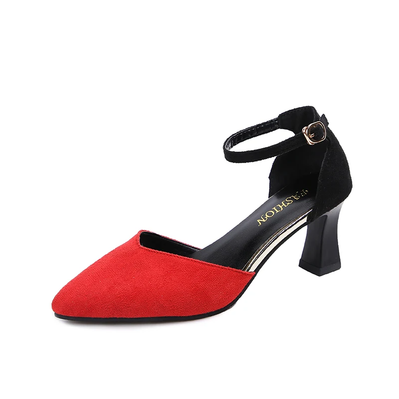 

World-win summer new arrival pointed shallow mouth size  trend one-word buckle heel shoes for women large size, Black,blue,red