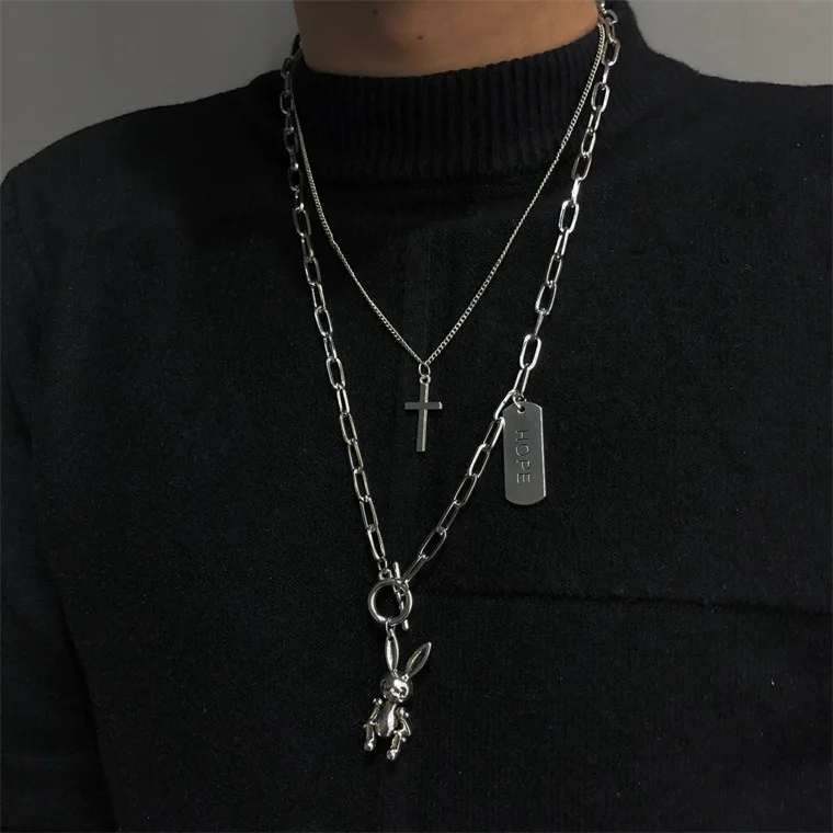 

Black Friday Deals Stainless Steel Rabbit Pendant Cross Necklace Charm Jewelry For Men Boy, Silver color