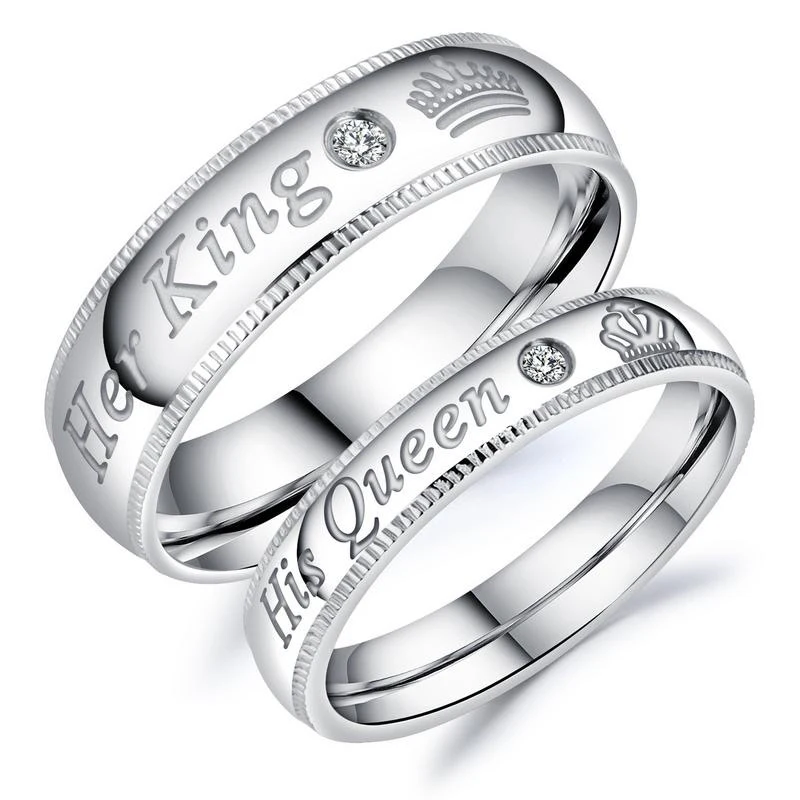 

Romantic Anniversary Gift King Queen Lover Matching Customized CZ Couple Stainless Steel Ring Women