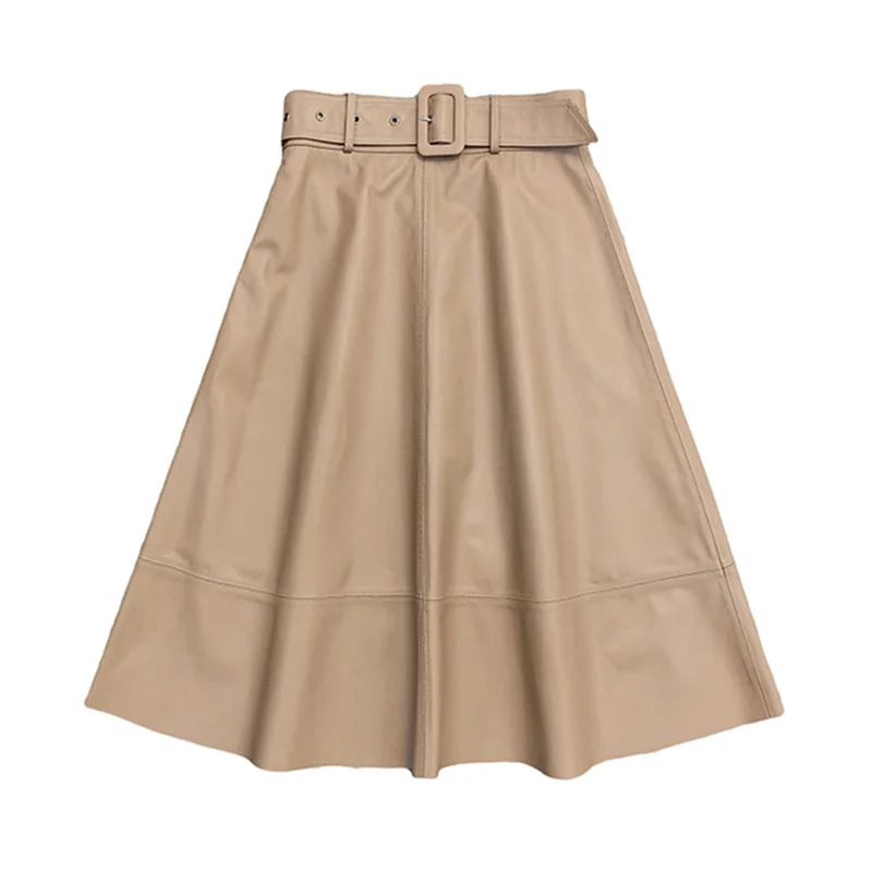 

Autumn New Fashion Leather Skirt High Waist Genuine Long Women Flare Leather Skirts