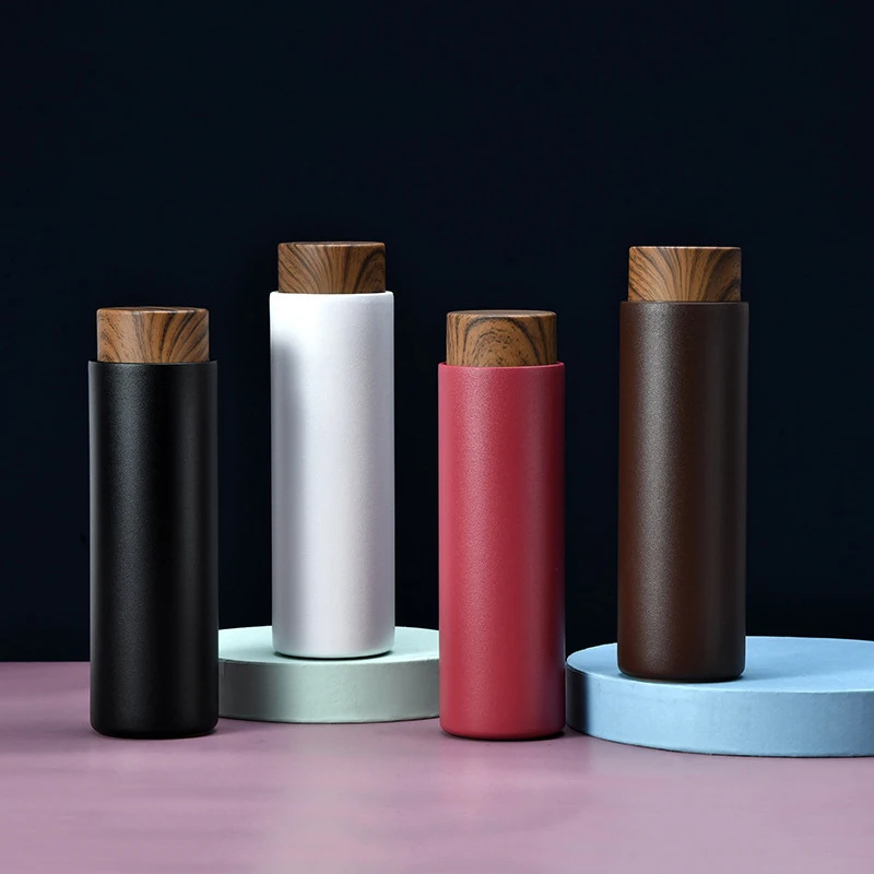 

Custom matte stainless steel water bottle wooden grain lid vacuum thermos bottle, White, black, red, brown