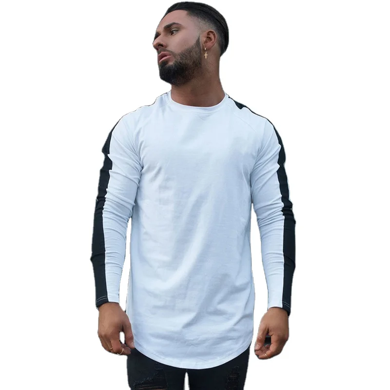 

Custom logo muscle man plain fitness crew neck contrast stripe panel curve hem long sleeve t shirts, Available for choice