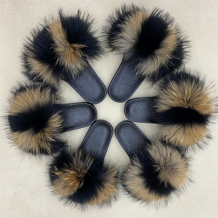 

New hot sale women fur slippers fur slides raccoon fur slides, Customized color