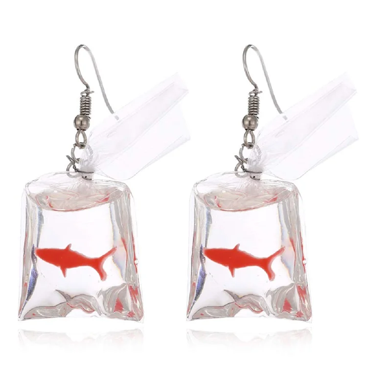 

Unique Statement Funny Design Goldfish Fish in Bag Drop Dangle Resin Acrylic Earrings For Women Girls, Picture shows