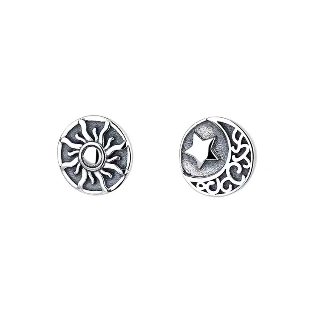 

Real 925 Sterling Silver Sun God Moon Men Women Round Stud Earrings Vintage Punk Jewelry Best Gift