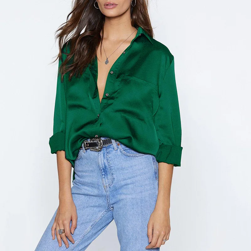 

New casual satin pocket trim women's long sleeve blouse tshirt women ladies t shirt designer t shirt for women 2021