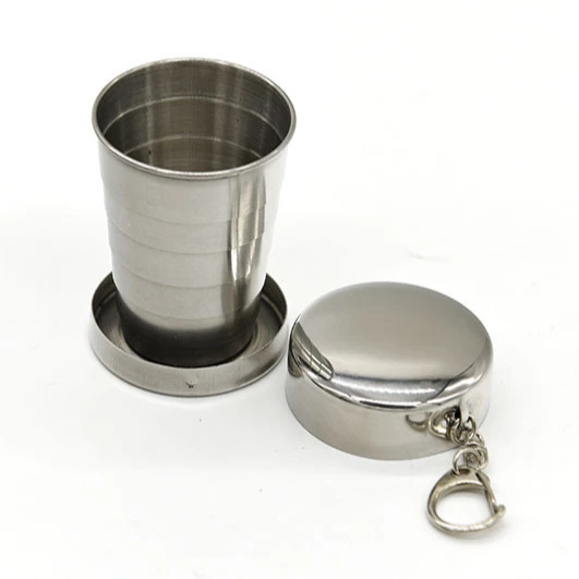 

75ml camping trip stainless steel foldable collapsible cup with key chain, Clear