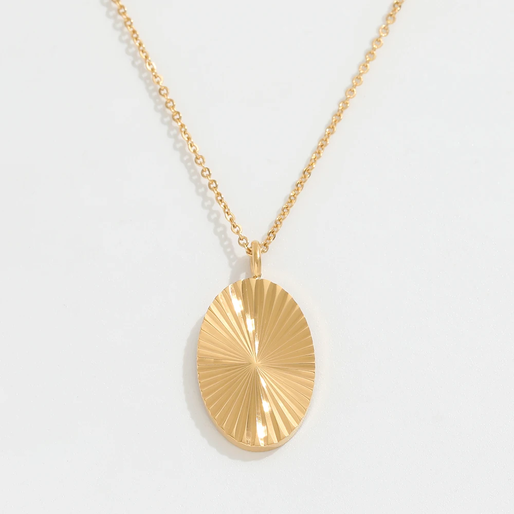 

Joolim Jewelry Tarnish Free PVD Gold Plated Sunburst Oval Pendant Necklace Trendy Necklace Wholesale