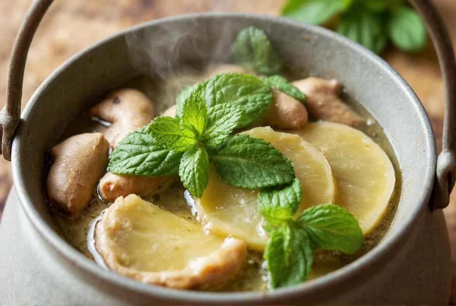 Fresh peppermint leaves and sliced ginger root in a teapot with steam rising